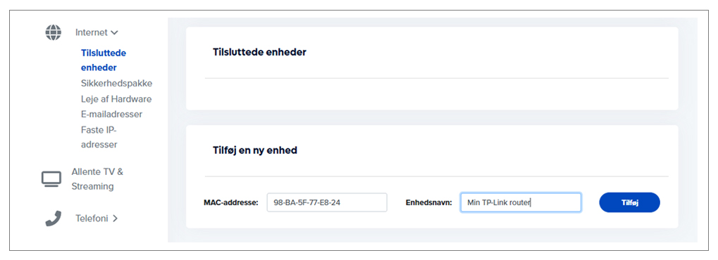 DKTV MAC-adresse registrering (eksempel)